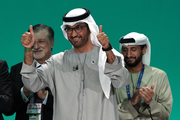 COP28 President Sultan al-Jaber gestures at the end of the COP28 UN climate summit, Wednesday, December 12.  August 13, 2023 in Dubai, United Arab Emirates.  (AP Photo/Kamran Jebreili)