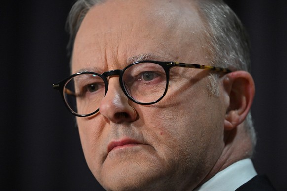 epa10918441 Australian Prime Minister Anthony Albanese reacts as he delivers a statement on the outcome of the Voice Referendum at Parliament House in Canberra, Australia, 14 October 2023. Australians ...