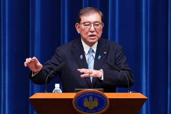 Japan Prime Minister Shigeru Ishiba speaks during a news conference at the prime minister&#039;s office in Tokyo, Japan, Tuesday, April 1, 2025. (Nicolas Datiche/Pool Photo via AP)
Japan Politics