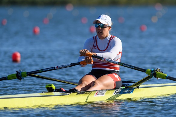 epa08731323 Jeannine Gmelin of Switzerland in action during the Women&#039;s Single Sculls heats at the European Rowing Championshps 2020 in Poznan, Poland, 09 October 2020. EPA/Jakub Kaczmarczyk POLA ...