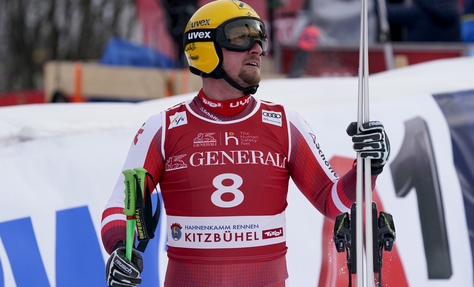 Austria&#039;s Max Franz looks at the scoreboard in the finish area of an alpine ski, men&#039;s World Cup Super-G, in Kitzbuehel, Austria, Monday, Jan. 25, 2021. (AP Photo/Giovanni Auletta)