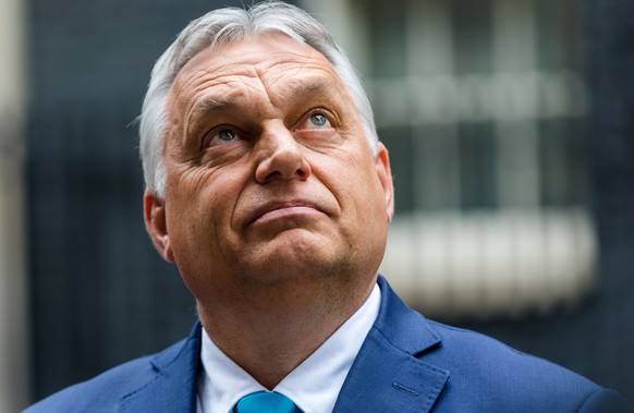 epa09233275 Prime Minister of Hungary, Viktor Orban speaks to the media after his meeting with British Prime Minister Boris Johnson, at n10 Downing Street in London, Britain, 28 May 2021. EPA/VICKIE F ...