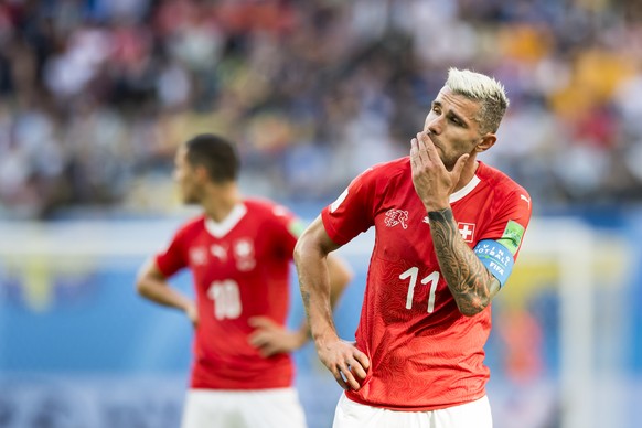 Switzerland&#039;s midfielder Valon Behrami, reacts during the FIFA World Cup 2018 round of 16 soccer match between Sweden and Switzerland at the Krestovski Stadium, in St. Petersburg, Russia, Tuesday ...