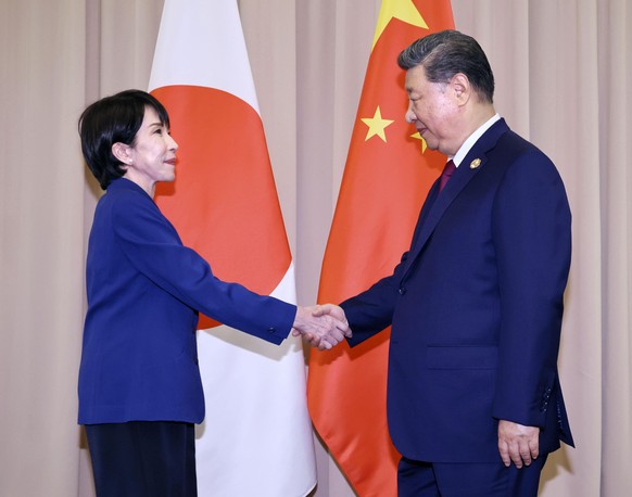 Chinese President Xi Jinping, right, shakes hands with Japanese Prime Minister Sanae Takaichi ahead of their meeting in Gyeongju, South Korea, Friday, Oct. 31, 2025. (Kyodo News via AP)
South Korea Ch ...