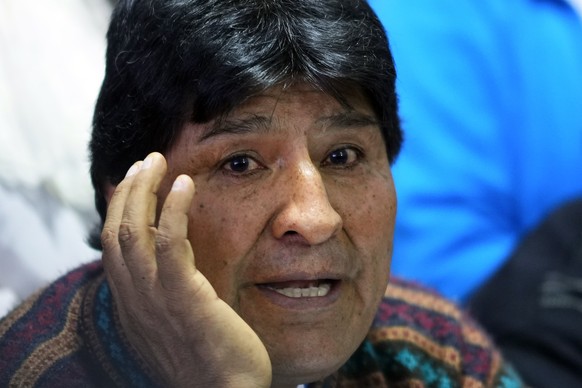 Evo Morales, former president and current president of the MAS party, gives a press conference where he presented the party&#039;s directors in La Paz, Bolivia, Monday, Oct. 9, 2023. (AP Photo/Juan Ka ...