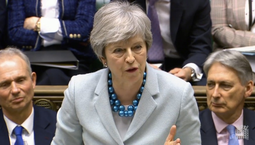 epa07462685 A grab from a handout video made available by the UK Parliamentary Recording Unit shows British Prime Minister Theresa May making a statement on Brexit to the British House of Commons, in  ...