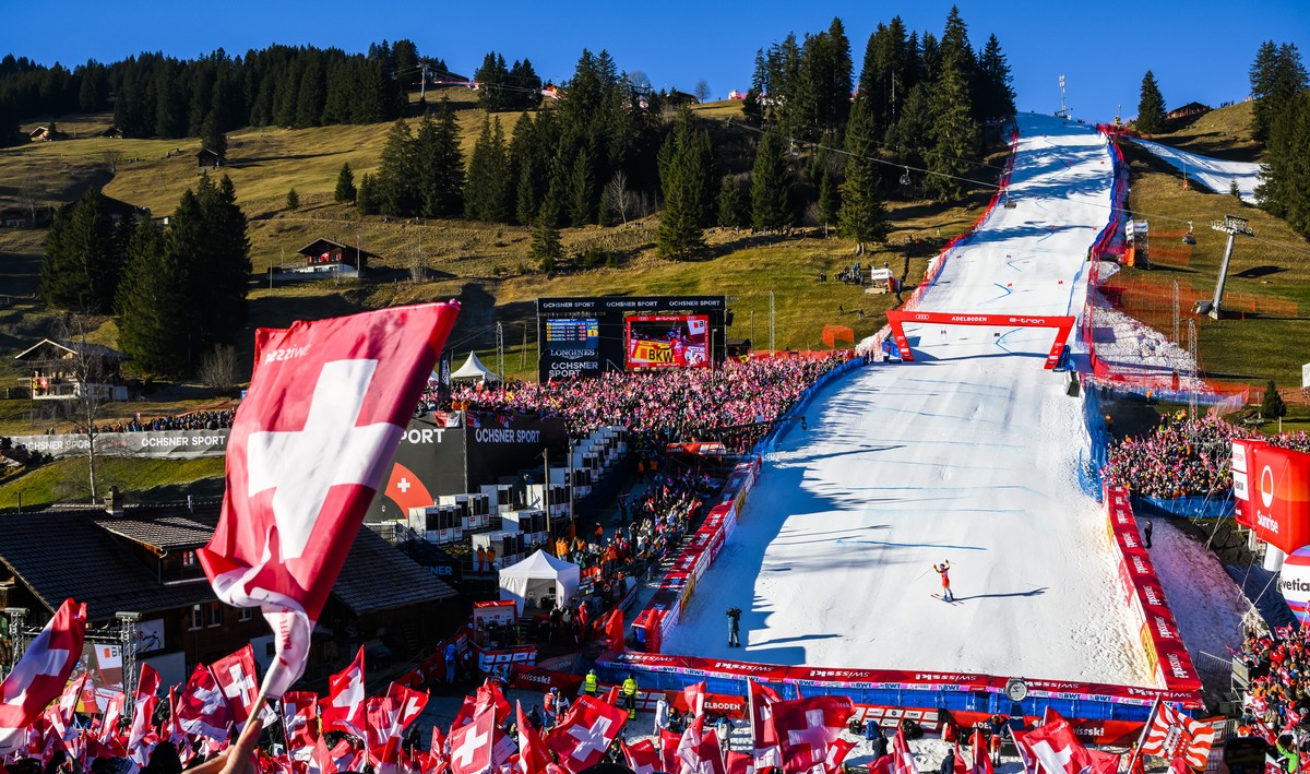 Marco Odermatt of Switzerland reacts in the finish area during the first run of the men's giant slalom race at the Alpine Skiing FIS Ski World Cup in Adelboden, Switzerland, Saturday, January 7,  ...