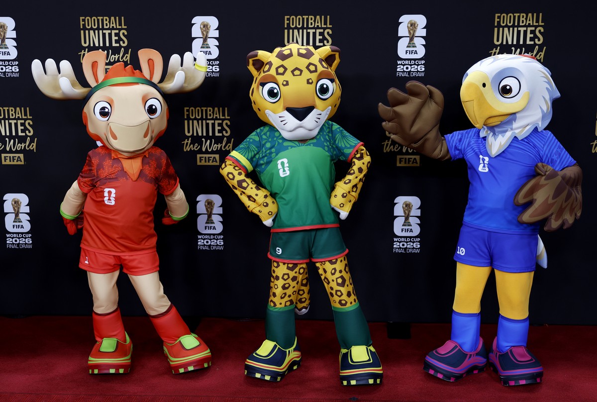 epa12572995 FIFA World Cup 2026 mascots (from L) Maple the Moose (Canada), Zayu the Jaguar (Mexico) and Clutch the Bald Eagle (USA) walk on the red carpet before the FIFA World Cup 2026 Final Draw at  ...