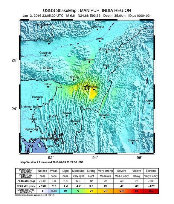 Das Epizentrum liegt nur wenige Dutzend Kilometer westlich der Stadt Imphal.