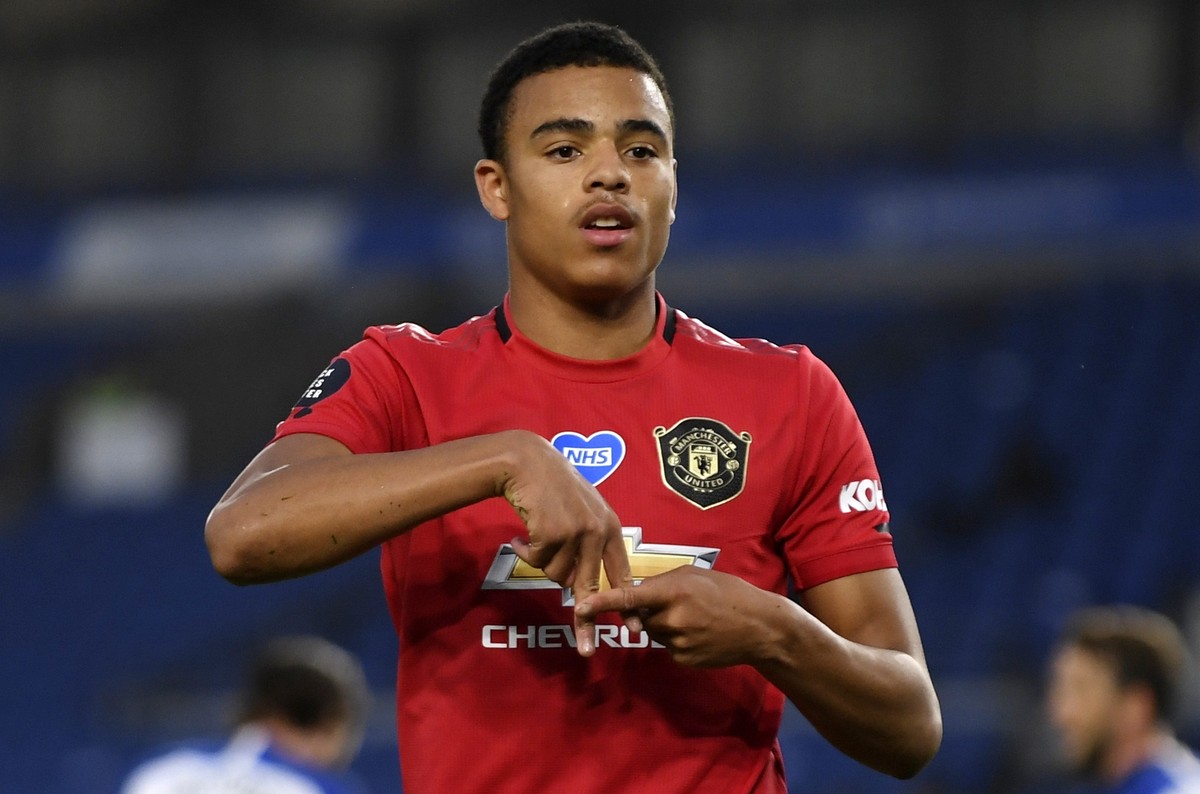FILE - In this Tuesday, June 30, 2020 file photo, Manchester United's Mason Greenwood celebrates after scoring the opening goal of his team during the English Premier League soccer match between  ...