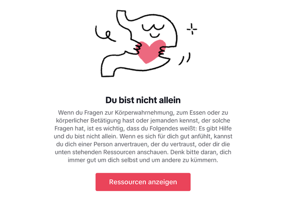 Screenshot von Tiktok, diese Seite taucht auf, wenn man nach dem Hashtag #Skinnytok sucht. Es werden Ressourcen für Essstörungen empfohlen.