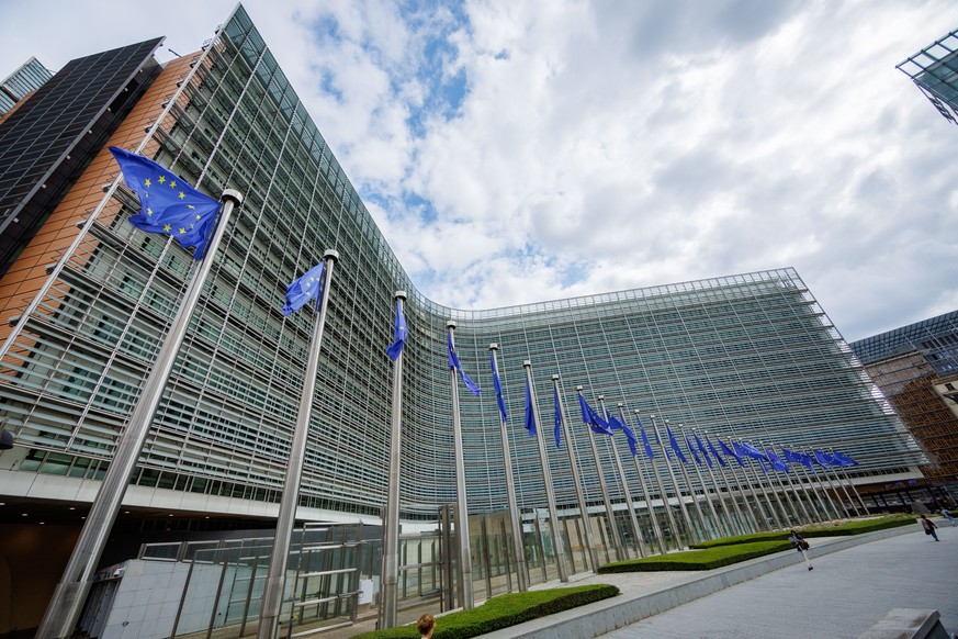 epa13126650 European flags fly in front of the European Commission building in Brussels, Belgium, 22 July 2026. EU ambassadors are meeting in the Belgian capital on 22 July to discuss a new sanctions  ...