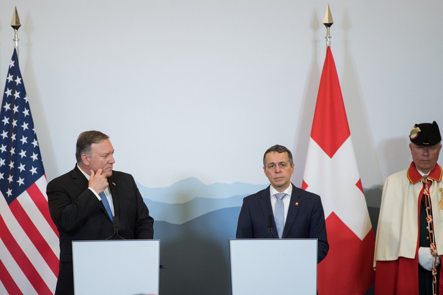 epa07619833 US Secretary of State Mike Pompeo (L) with Swiss foreign minister Ignazio Cassis (R) attend a press conference during a meeting at the Castelgrande in Bellinzona, Switzerland, 02 June 2019 ...