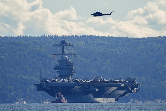 The US aircraft carrier USS Gerald R. Ford on its way out of the Oslofjord at Nesodden and Bygdøy, Oslo, Norway, Wednesday, Sept. 17, 2025. (Lise Åserud/NTB Scanpix via AP)
Norway US