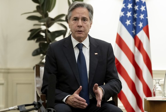 US Secretary of State Antony Blinken takes part in a meeting with Israeli President Isaac Herzog in Tel Aviv, Israel, on Thursday, November 30, 2023, following the announcement of an extension of the…