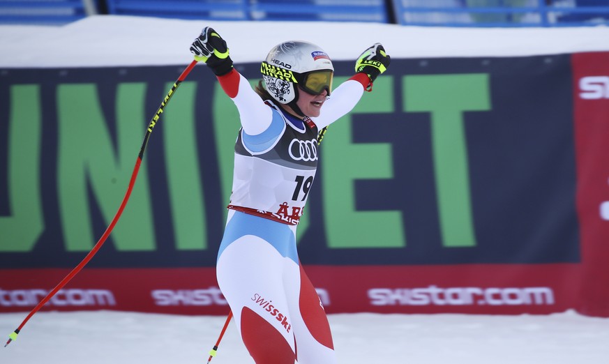 Switzerland&#039;s Corinne Suter reacts in the finish area after the women&#039;s downhill race, at the alpine ski World Championships in Are, Sweden, Sunday, Feb. 10, 2019. (AP Photo/Marco Trovati)