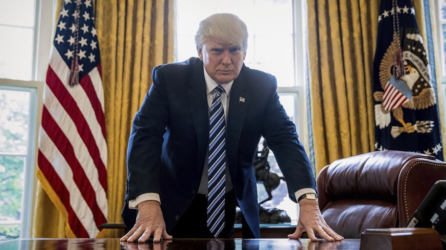 President Donald Trump poses for a portrait in the Oval Office in Washington, Friday, April 21, 2017. With his tweets and his bravado, Trump is putting his mark on the presidency in his first 100 days ...