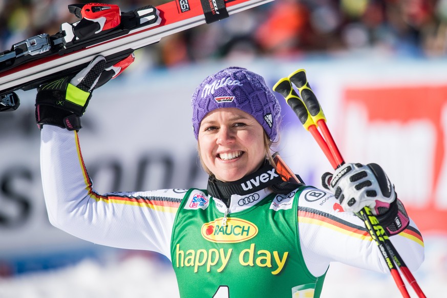 epa06294663 Viktoria Rebensburg of Germany celebrates winning the Women&#039;s Giant Slalom race of the FIS Alpine Ski World Cup season opener on the Rettenbach glacier, in Soelden, Austria, 28 Octobe ...