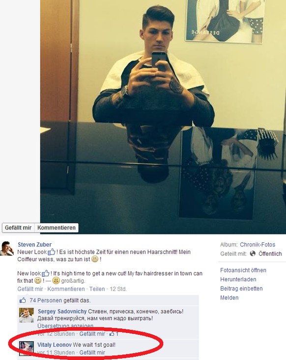 Auch in Russland ist Steven Zuber um sein Aussehen besorgt. Der 22-jährige&nbsp;Schweizer in Diensten des ZSKA Moskau postet auf Facebook ein Selfie von seinem jüngsten Coiffeurbesuch. Ein Fan zeigt d ...