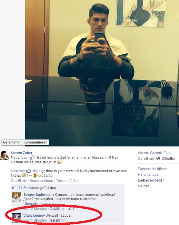 Auch in Russland ist Steven Zuber um sein Aussehen besorgt. Der 22-jährige Schweizer in Diensten des ZSKA Moskau postet auf Facebook ein Selfie von seinem jüngsten Coiffeurbesuch. Ein Fan zeigt d ...
