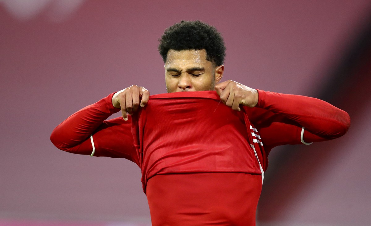 Bayern's Serge Gnabry reacts during the German Bundesliga soccer match between FC Bayern Munich and Hertha BSC Berlin in Munich, Germany, Sunday, Oct. 4, 2020. (AP Photo/Matthias Schrader)