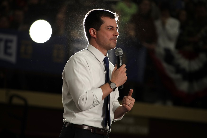 Democratic presidential candidate former South Bend, Ind., Mayor Pete Buttigieg, speaks at a Get Out the Caucus event at Lincoln High School in Des Moines, Iowa, Sunday, Feb. 2, 2020. (AP Photo/Gene J ...
