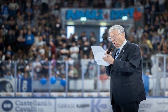 Club President Filippo Lombardi, during the presentation of HC Amb� Piotta&#039;s 2025-2026 season at the Gottardo Arena, Switzerland, on Sunday, July 27, 2025. (KEYSTONE/Ti-Press/Massimo Piccoli)