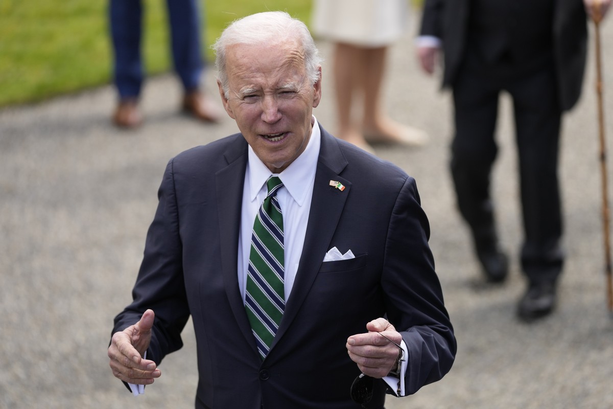 President Joe Biden talks with reporters after meetsing with Irish President Michael Higgins at Aras an Uachtarain, the presidential residence, Thursday, April 13, 2023, in Dublin, Ireland. (AP Photo/ ...