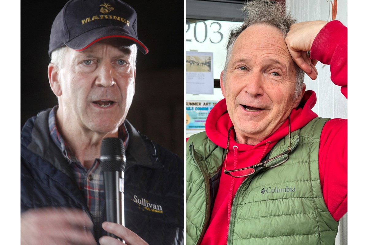 This combination photo shows Sen. Dan Sullivan, R-Alaska, left, in Palmer, Alaska, Aug. 17, 2026, and a candidate in Alaska's Senate race, Dan Sullivan, right, in Petersburg, Alaska, July 3, 2026 ...