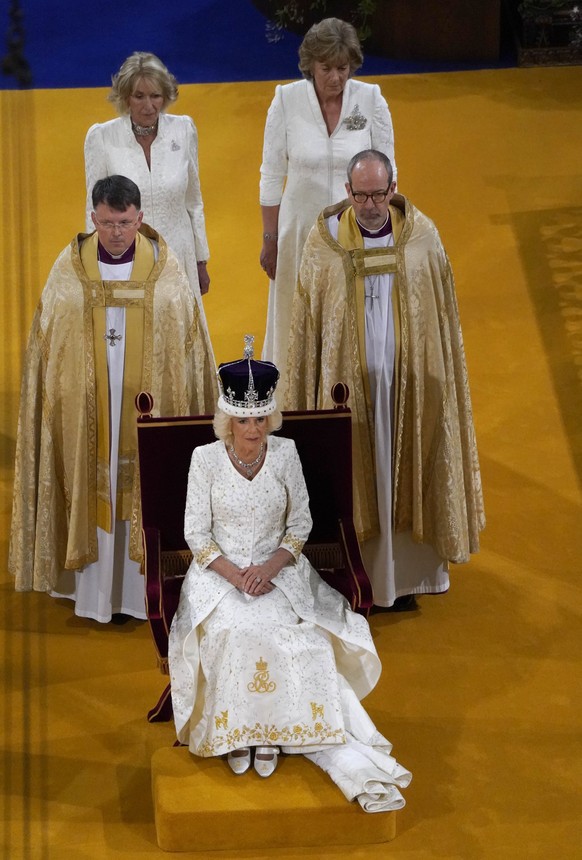 Queen Camilla wearing the Queen Mary&#039;s Crown during the coronation ceremony at Westminster Abbey, in London, Saturday May 6, 2023. (Andrew Matthews/Pool via AP)