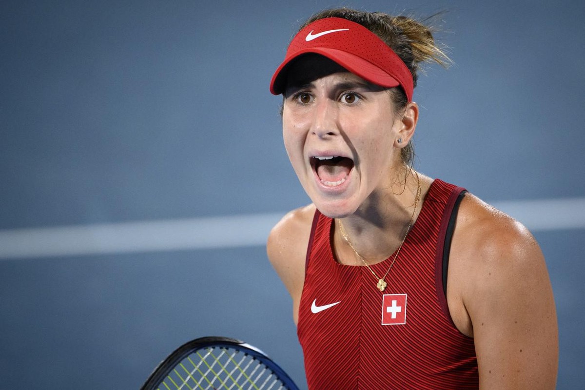 Belinda Bencic of Switzerland reacts during her games against Marketa Vondrousova of Czech Republic during the women's singles tennis gold final at the 2020 Tokyo Summer Olympics at the Ariake Co ...