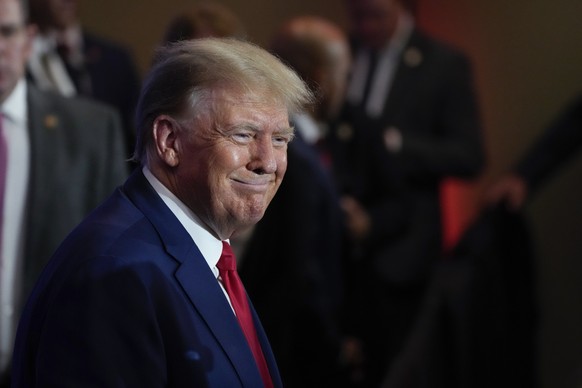 Republican presidential candidate former president Donald Trump smiles as he greets supporters after speaking at the Republican Party of Iowa&#039;s 2023 Lincoln Dinner in Des Moines, Iowa, Friday, Ju ...