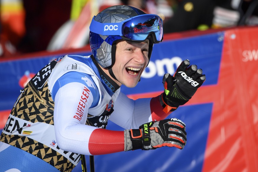 Marco Odermatt of Switzerland reacts in the finish area during the men&#039;s downhill race at the Alpine Skiing FIS Ski World Cup in Wengen, Switzerland, Saturday, January 15, 2022. (KEYSTONE/Peter S ...