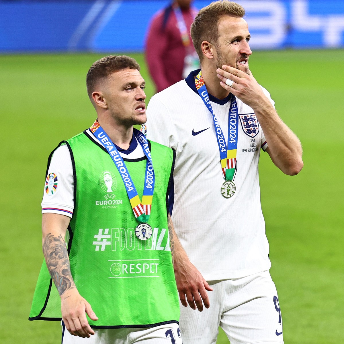 epa11478841 Kieran Trippier of England (L) and Harry Kane of England react after losing the UEFA EURO 2024 final soccer match between Spain and England, in Berlin, Germany, 14 July 2024. EPA/FILIP SIN ...