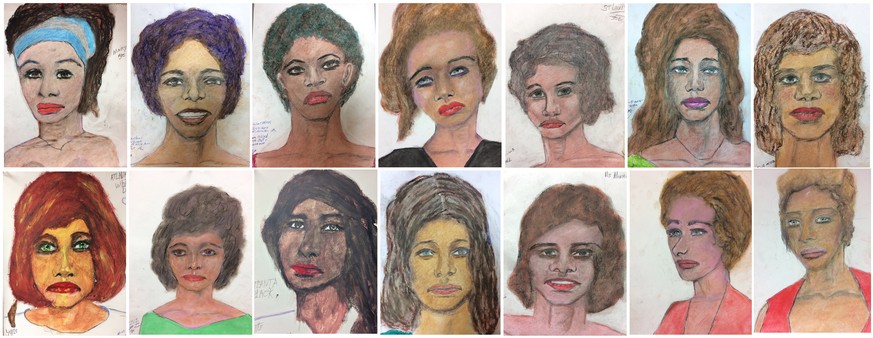 epa07368699 A combo handout photo made available by the Federal Bureau of Investigation (FBI) showing drawings by Samuel Little, of the portraits the serial killer drew of his victims hoping they can  ...