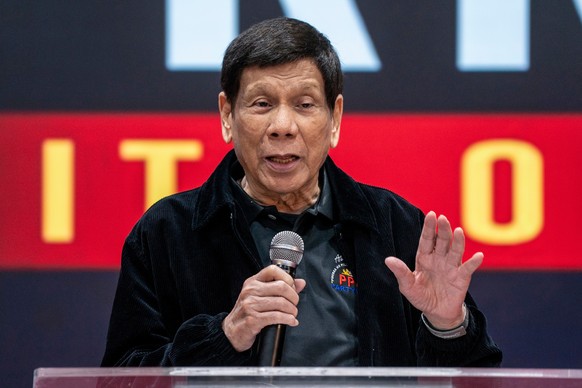 FILE - Former President of the Philippines Rodrigo Duterte speaks inside the Southorn Stadium during a thanksgiving gathering organized by Hong Kong-based Filipino workers for the former populist pres ...