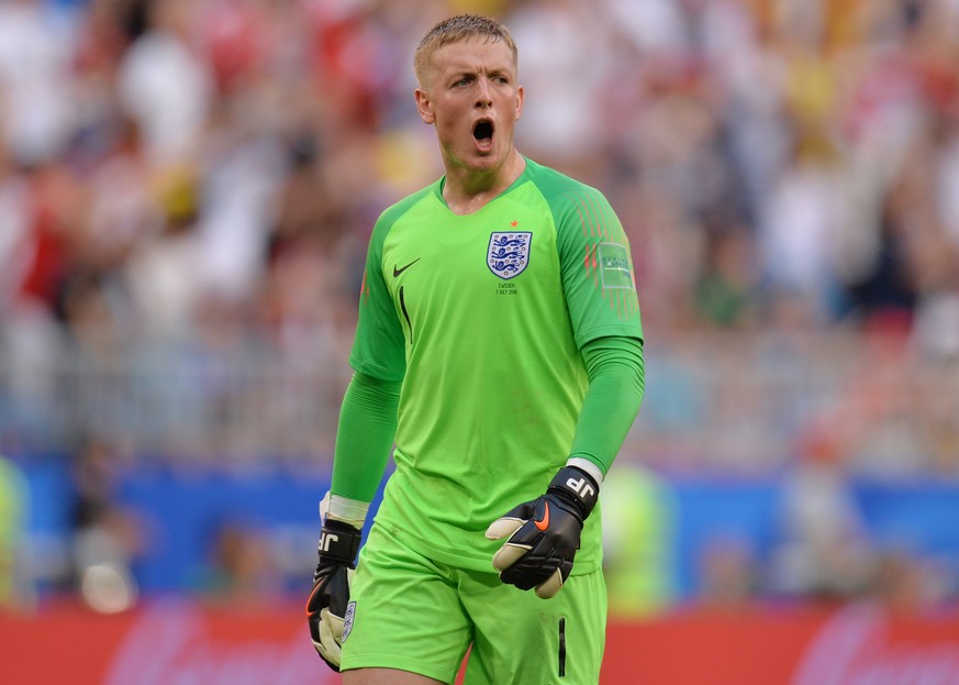 epa06871487 Goalkeeper Jordan Pickford of England celebrates their 2-0 lead during the FIFA World Cup 2018 quarter final soccer match between Sweden and England in Samara, Russia, 07 July 2018.

(RE ...