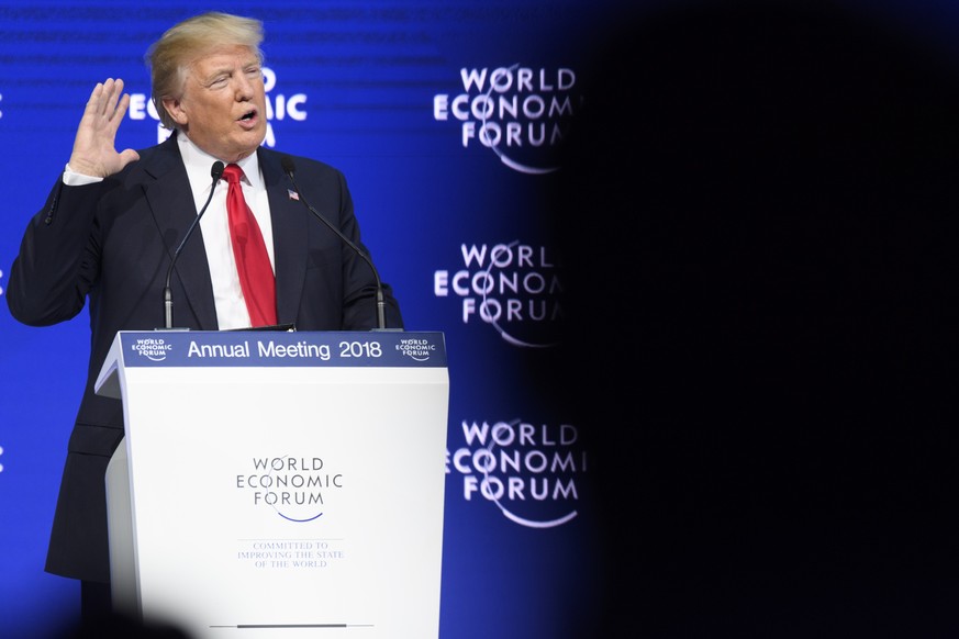 US President Donald J. Trump adresses a plenary session in the Congress Hall the last day of the 48th Annual Meeting of the World Economic Forum, WEF, in Davos, Switzerland, Friday, January 26, 2018.  ...