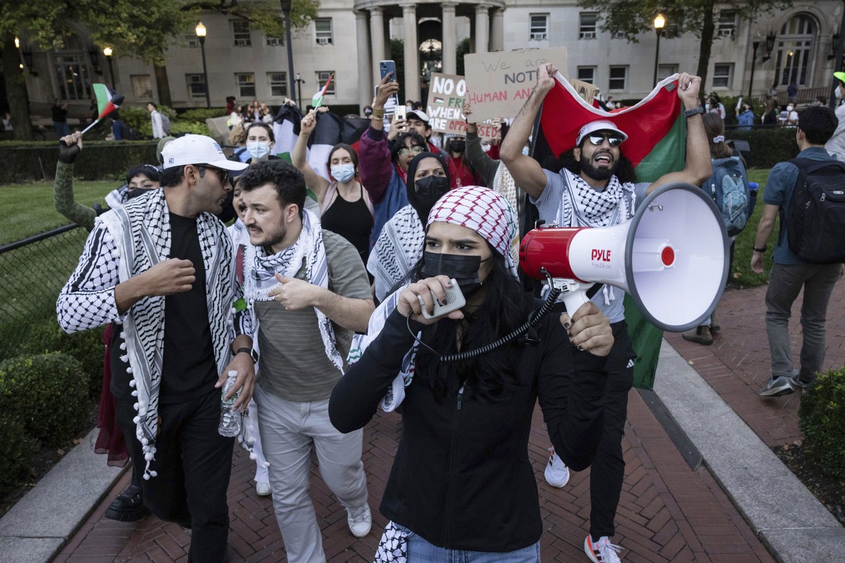 FILE - Palestinian supporters, including Mahmoud Khalil, second from left, demonstrate during a protest at Columbia University, Thursday, Oct. 12, 2023, in New York. (AP Photo/Yuki Iwamura, File)
Camp ...