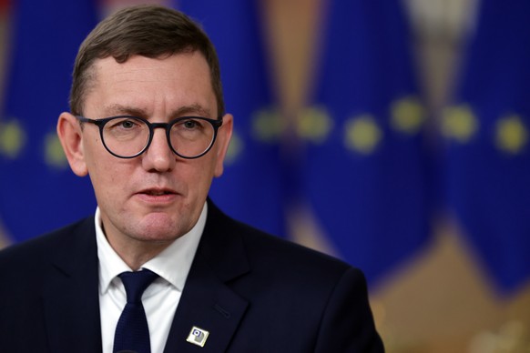 epa12600285 Estonias Prime Minister Kristen Michal attends the EU Council Summit in Brussels, Belgium, 18 December 2025. EU leaders are meeting to discuss the latest developments in Ukraine, the EU&# ...