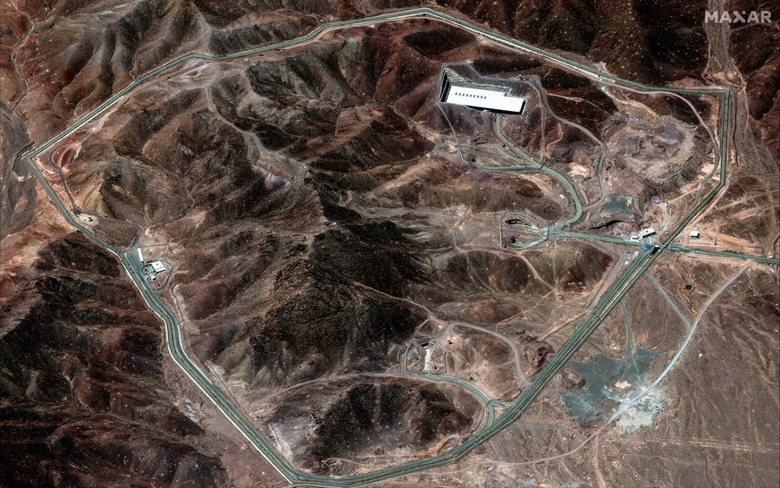epa12182835 A handout satellite image made available by Maxar Technologies shows the Fordo (Fordow) nuclear facility, Iran, 14 June 2025 (issued 18 June 2025). Israel has been conducting strikes acros ...