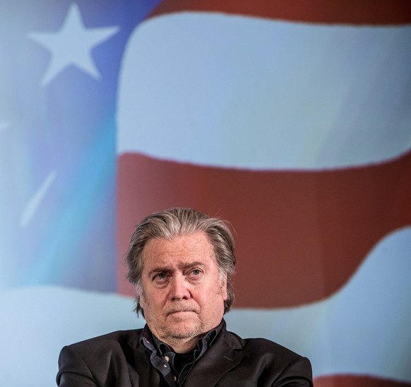 epa06755908 Former Trump political strategist Steve Bannon attends a discussion meeting with Lanny Davis, former stragegist of Hillary Clinton (unseen) in Prague, Czech Republic, 22 May 2018. Reports  ...