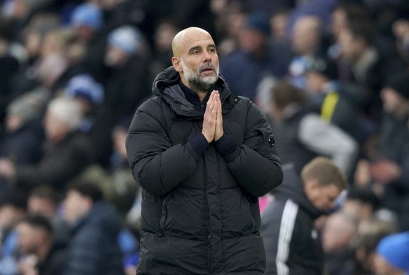 Manchester City&#039;s head coach Pep Guardiola reacts during the English Premier League soccer match between Manchester City and Newcastle United at Etihad stadium in Manchester, England, Saturday, F ...