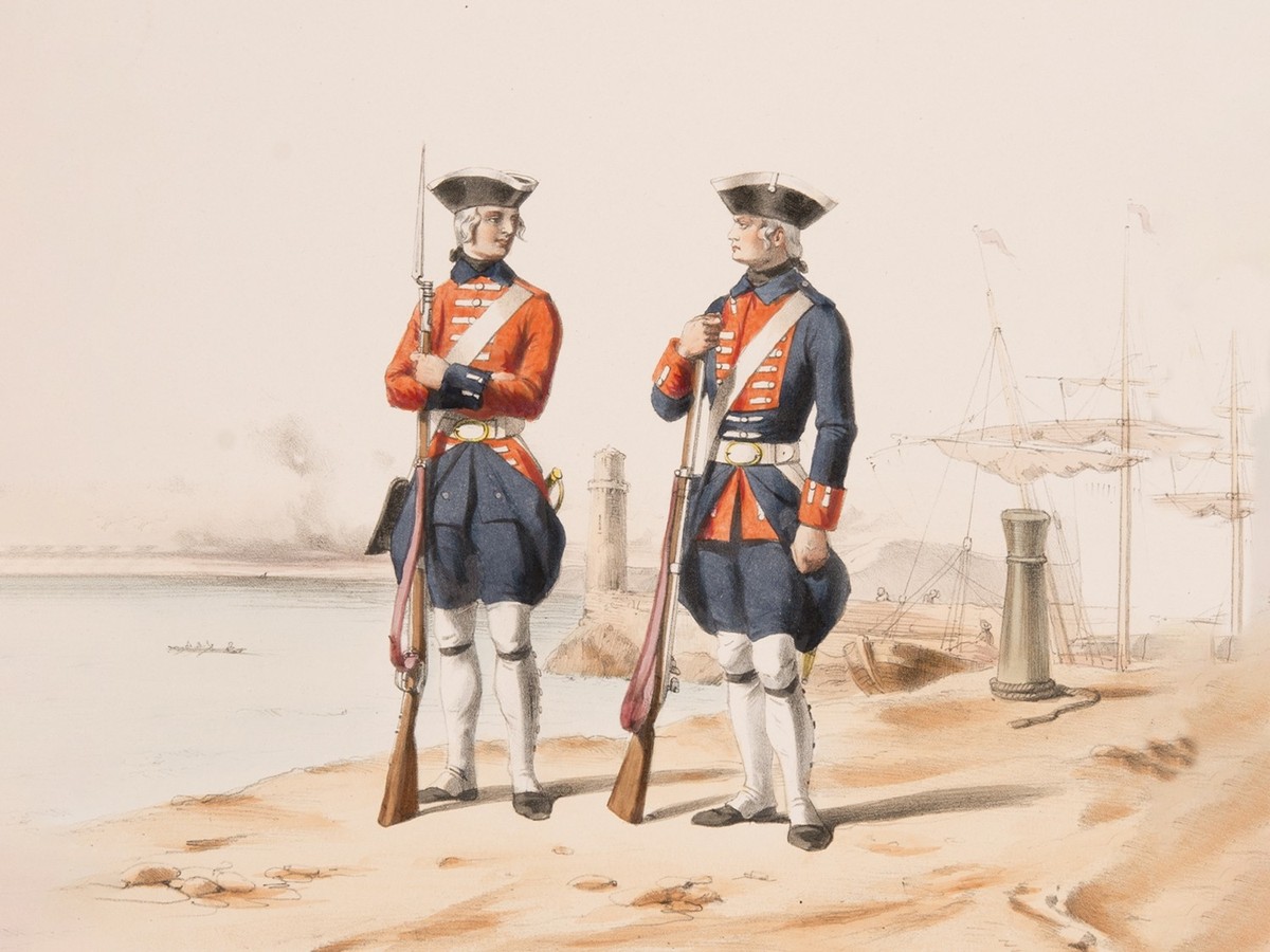 Deux mercenaires du régiment de Karrer, 1763. Dessin à la main ultérieur à 1850.
https://permalink.nationalmuseum.ch/100190865