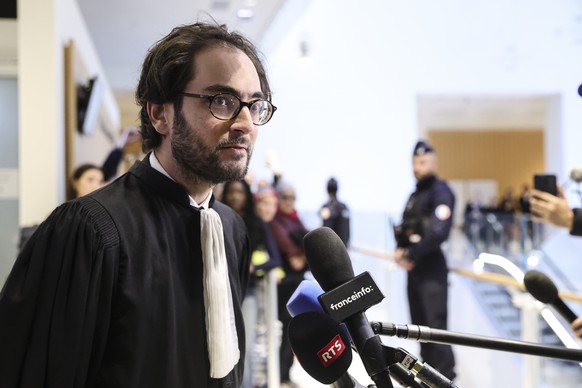 epa12485899 Dylan Slama, the lawyer of one of the defendants speaks with the press on the first day of the trial for sexist cyberbullying against Brigitte Macron, wife of French President Emmanuel Mac ...