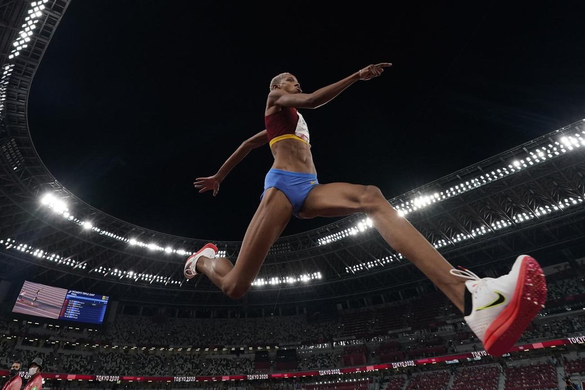 Yulimar Rojas, of Venezuela, competes in the final of the women's triple jump at the 2020 Summer Olympics, Sunday, Aug. 1, 2021, in Tokyo. (AP Photo/David J. Phillip)