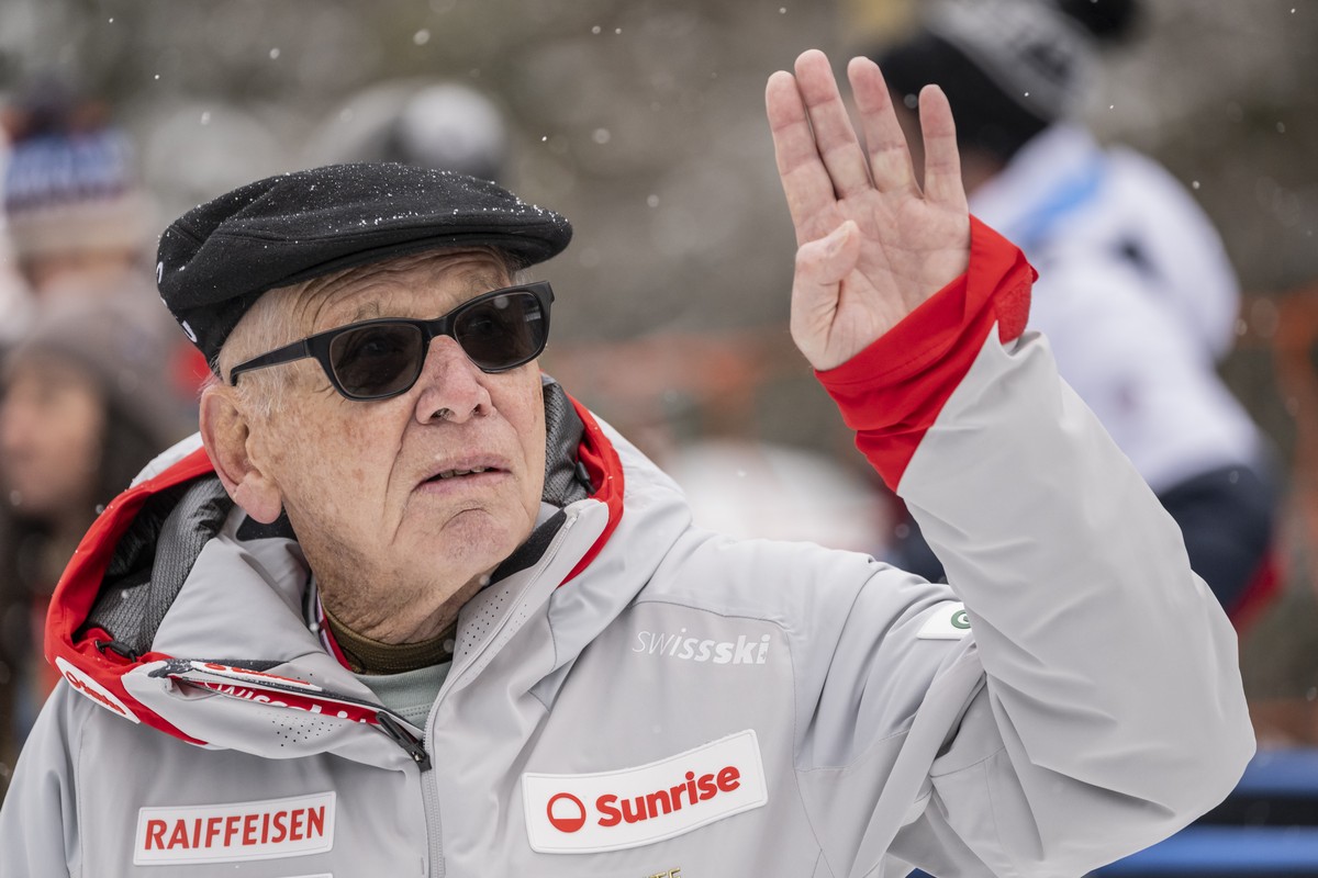 Karl Frehsner of Austria, 86 years old ski coach working for Swiss-Ski gestures in the finish area during the women's Downhill race at the Alpine Skiing FIS Ski World Cup, in Crans-Montana, Switz ...