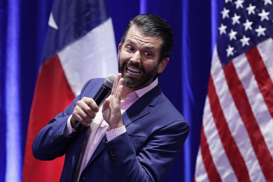 FILE - In this Oct. 15, 2019, file photo, Donald Trump, Jr. speaks to supporters of his father, President Donald Trump, during a panel discussion in San Antonio. President Donald Trump has accused for ...