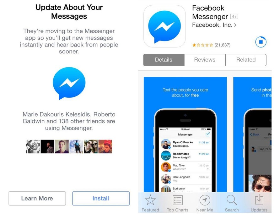 Facebook lagert die Chat-Nachrichten in die separate Messenger-App aus. Die User sind nicht erfreut und reagieren mit Ein-Stern-Bewertungen für den Facebook Messenger.