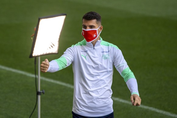 Switzerland&#039;s midfielder Granit Xhaka reacts during a training session of the UEFA Nations League at the Lviv Arena stadium in Lviv, Ukraine, Wednesday, September 2, 2020. Ukraine will face Switz ...